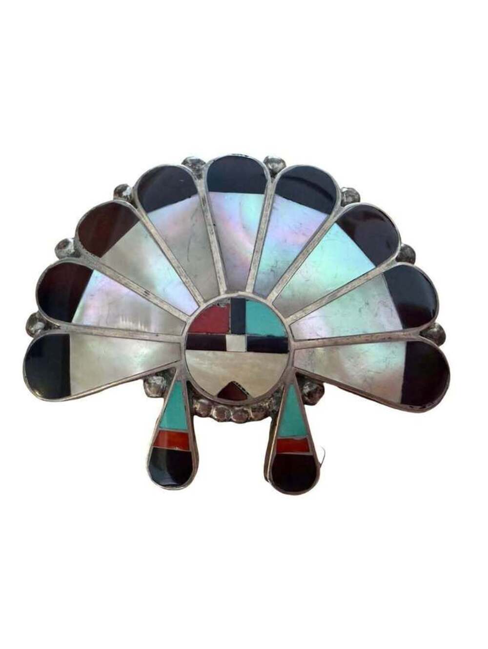 Vintage Zuni Sunface Inlay Brooch/Pendant Signed MOP, Turq, Coral, 925
